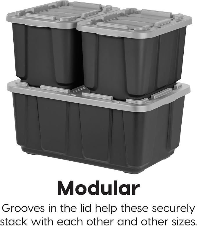 IRIS USA 4-Pack 27 Gal Heavy Duty Storage Tote Bins with Lids, Gray | Large-capacity design handles moving, garage storage and bulky equipment, Stackable shape maximizes available space