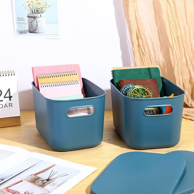 8 Pieces Colorful Storage Bins with Lid, Plastic Storage Basket Organizing Container Stackable Box with Handle for Shelves Desktop Playroom Office(10.2 x 7 x 6.3 Inch,Blue)