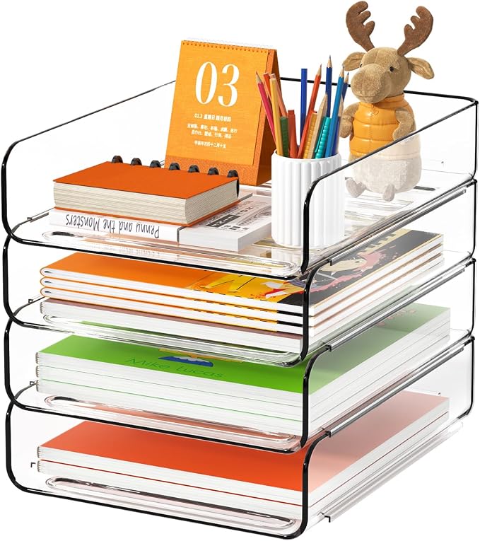 FANXIYQ 4-Tier Acrylic Paper Tray Organizer, Clear Stackable Desk File Organizer for Documents, Files, Letters, A4 Paper, Books, Notes, Mail & Paper Storage, Office Classroom Home