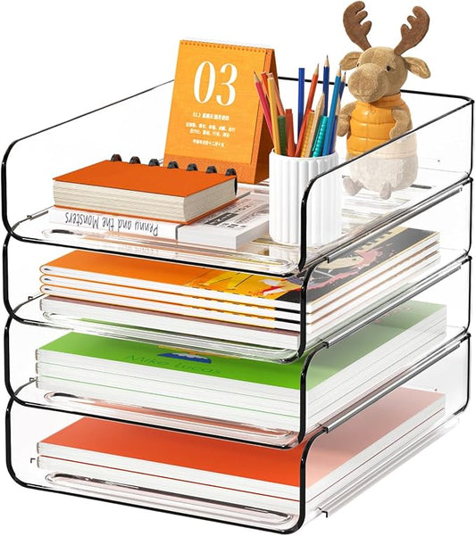 FANXIYQ 4-Tier Acrylic Paper Tray Organizer, Clear Stackable Desk File Organizer for Documents, Files, Letters, A4 Paper, Books, Notes, Mail & Paper Storage, Office Classroom Home