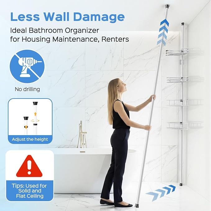 HAMITOR Shower Caddy Corner Tension Pole: 4-Tier Large Capacity Bathroom Organizer Shelf with Towel Bar - Rustproof No-Drill Adjustable 47-123 inch Storage for Renters, Home Bathtub Stand Rack, White