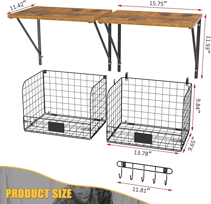 ThreeHio 2 Pack Garage Shelves Wall Mounted with Wire Storage baskets, Heavy Duty Garage Wall Shelving with Hooks, Wooden floating shelves Tool Organizer for Home Garden Garage Organizers and Storage