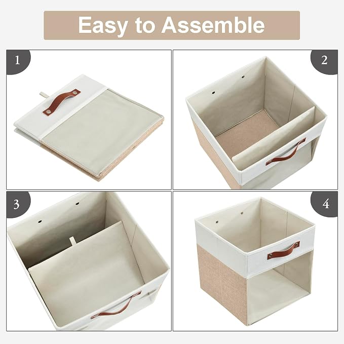 Storage Cubes, 4 Pack Linen Foldable Storage Bins (13 x 13 inch) with Clear Window and Handles, Fabric Organizer for Shelf Closet, Clothes, Books - (Beige and White)