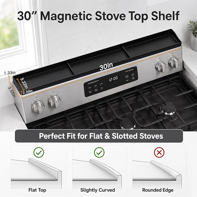 30" Magnetic Stove Top Shelf, Silicone Over the Stove Spice Rack Organizer | Heat Resistant Silicone, Anti-Rattle No-Scratch Range Shelf, 3 Functional Partitions Kitchen Storage for Spices