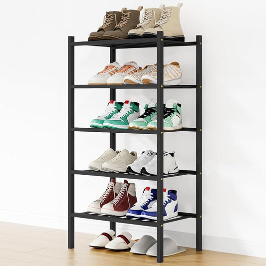 Smiry Bamboo Shoe Rack, 12 Vertical Slats, 5 Tier - 17.3" Wide, Black | Stackable Free Standing Wooden Shoe Organizer, Wood Shoe Storage Shelf for Closet, Entryway