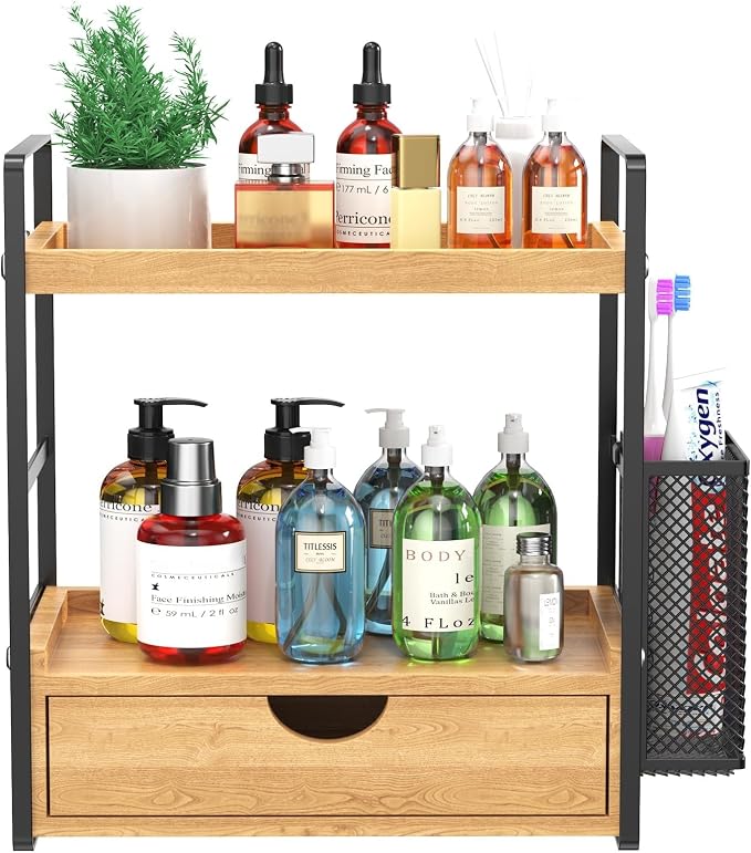 Bathroom Counter Organizer with Drawer and Basket,Wood Countertop Organizer for Bathroom Decor Makeup Tray for Perfume Skincare Bedroom Kitchen Corner