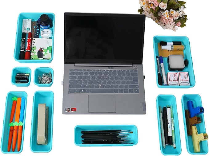Kutesna 15PCS Interlocking Drawer Organizer, Plastic Desk Organizer Set | 3-Size Versatile Storage Bins,BPA-free,Non-slip, Fits Any Drawer for Cosmetics,Bathroom, Tools,Kitchen and Office（Blue&Green）