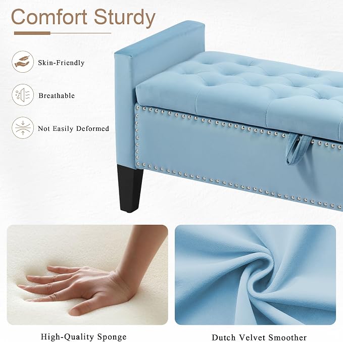Velvet Storage Ottoman Bench, 46'' Upholstered Button Tufted End of Bed Bench, Modern Entryway Ottoman Bench with Arms, Light Blue