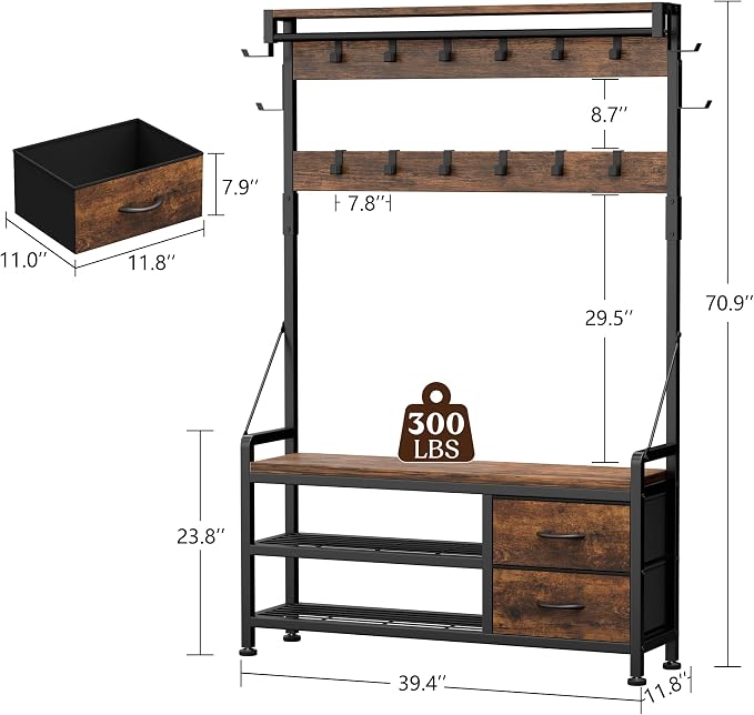 Coat Rack, 39.4” Hall Tree with Shoe Storage Bench, Rustic Brown | 5 in 1 Entryway Furniture Organizer, 21 Hooks, 2 Fabric Drawers, Handy Clothes Rail
