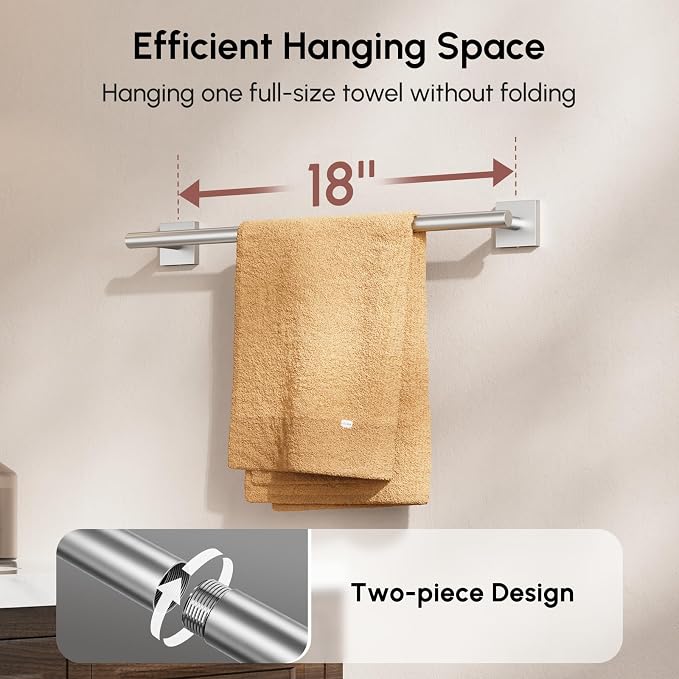 Brushed Nickel Towel Bar, 18 Inch Towel Racks for Bathroom | Thicken 304 Stainless Steel Towel Holder with Square Base, Towel Rod Wall Mounted, Modern Home Decor (Total Length 20 Inch)