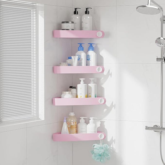 Sotfamily Plastic Shower Caddy Corner (for 90° Only), 4 Pack, Pink | Adhesive Corner Shower Shelves for Bathroom Organizers and Storage, Bathroom Decor, No Drill, Rust Free