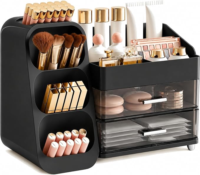 Makeup Organizer with Drawers, Large Capacity Countertop Organizers for Vanity,Bathroom and Bedroom Desk Cosmetics Organizer,Easy To Storage Skincare,Brushes,Lotions,Lipstick (Black)
