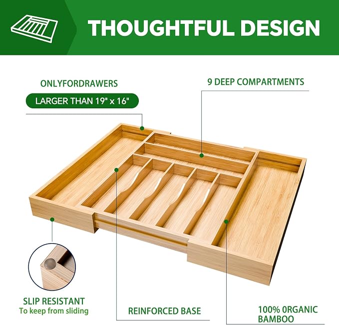 Simple Trending Expandable Bamboo Kitchen Drawer Organizer, Natural | Adjustable Silverware Organizer with 9 Compartments, Practical Utensil Cutlery Tray for Flatware, Flexible Storage