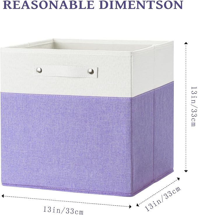 FinishingBo 13x13x13 Storage Cube Bins 6 Pack, Cube Shelf Baskets | Foldable Storage Cubes, Linen Storage Bins with Handles, Closet Organizers, White/Purple