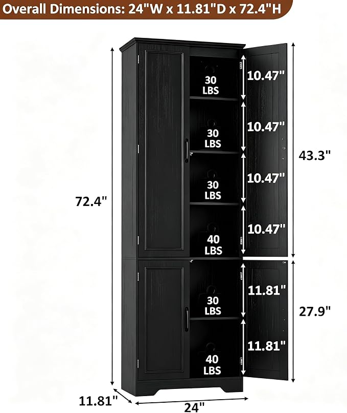 Function Home 72" Kitchen Pantry Cabinet, Tall Wood Farmhouse Storage Cabinet with Doors and Adjustable Shelves, 6 Tier Freestanding Cupboard for Kitchen Dining Room Living Room Bathroom, Black