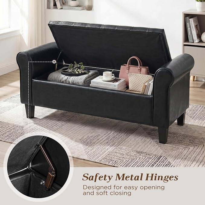 55" Storage Ottoman Bench for Living Room, End of Bed Bench with Rolled Arm Leather Ottoman with Storage Upholstered Entryway Bench Retro Style Footboard Bench for Bedroom, Black