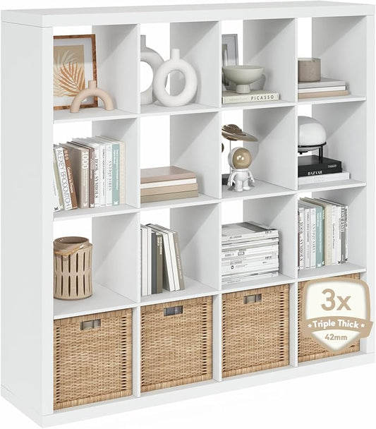 Furinno Cubicle Book Shelf, 16-Cube Bookshelf, Triple Thick Frame Cube Storage Organizer, 1.65" Bookcase, 15.4 x 57.4 x 56.9, for Home Office, Living Room, Plain White