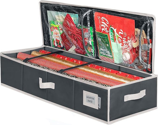 HOLDN’ STORAGE Premium Wrapping Paper Storage Container, Black/White Trim | Durable 600D Tear-Proof, Fits 27 Rolls Gift Wrap, Extra Pockets for Ribbons & Bows, Underbed Storage