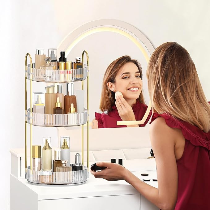 MOKANI 360 Rotating Makeup Organizer for Vanity, 3 Tier Perfume Organizer | Adjustable Multi-Function Spinning Cosmetics Skincare Storage for Bedroom, Dresser, Countertop, Clear