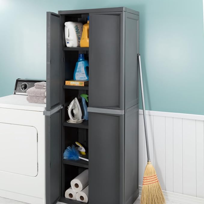 Sterilite Shelf Cabinet,4 Shelves,Flat Gray 01423V01-1 Each | Adjustable Shelves - Plastic Shelving Unit for Organizing Garage, Pantry, Basement, Laundry Room or Mudroom