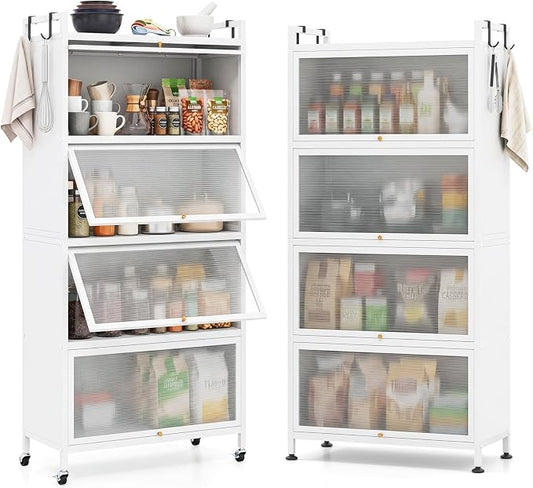 Giantex 5-Tier Kitchen Storage Cabinet, Freestanding Metal Baker's Rack w/4 Flip-up PC Doors, 4 Hooks, Adjustable Feet & Rolling Wheels, Mobile Microwave Stand for Dining Room, Living Room (White)