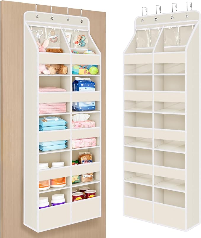 Univivi Upgraded Over the Door Organizer for Baby Nursery, Beige, 6-Shelf | Fabric Behind Door Storage with Clear Window Deep Pockets, Over Door Hanging Organizer for Baby Essential, Bedroom, and Dorm