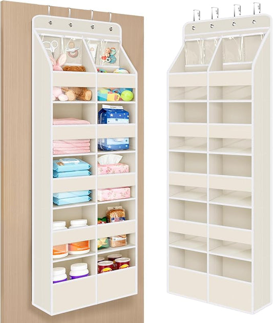Univivi Upgraded Over the Door Organizer for Baby Nursery, Beige, 6-Shelf | Fabric Behind Door Storage with Clear Window Deep Pockets, Over Door Hanging Organizer for Baby Essential, Bedroom, and Dorm