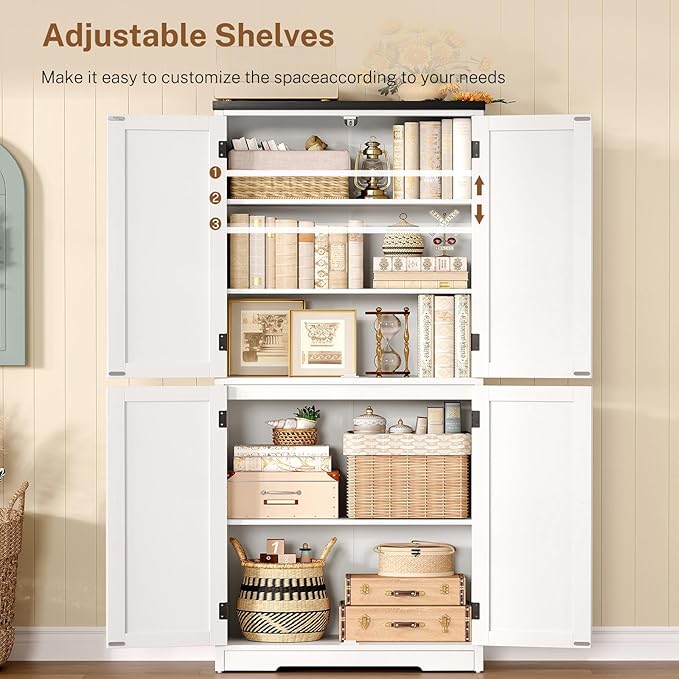 58" H Storage Cabinet,Farmhouse Kitchen Pantry Cabinet with 4 Doors | Bathroom Cabinet with Adjustable Shelf, Cupboard for Kitchen, Bathroom, Living Room, White