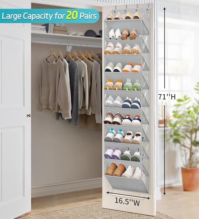AOODA 10 Tier Clear Over the Door Shoe Organizer Storage, Deep Pockets Large Hanging Shoe Rack for Closet Door, Fit 20 Pairs Shoe Holder Hanger for Boots (Grey)