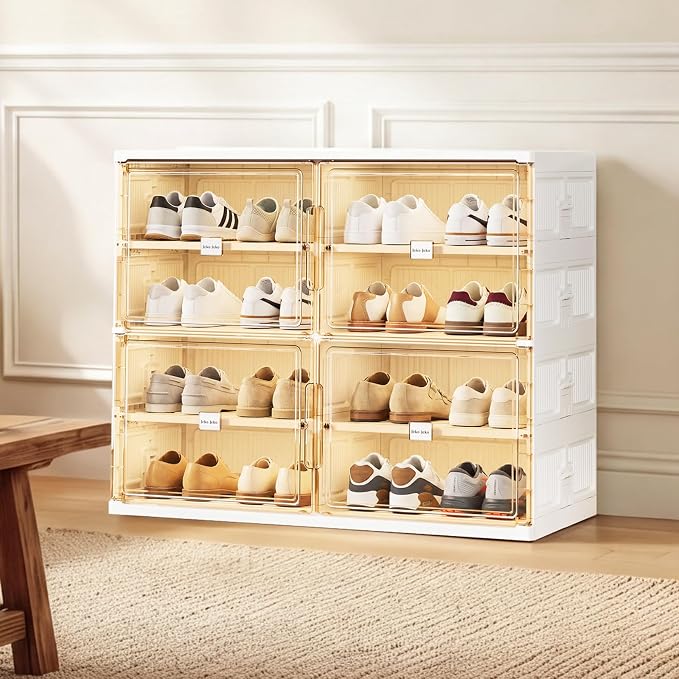 JEKO&JEKO 4 Tiers Foldable Shoe Rack Organizer Cabinet for Closet Entryway, Large Collapsible Shoe Storage Box with Magnetic Doors Fits Up to 16 Pairs (White)