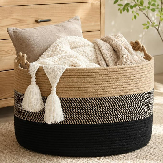 KAKAMAY Large Blanket Basket (20"x13"),Woven Rope Baskets for storage Baby Laundry Hamper, Cotton Rope Blanket Basket for Living Room, Laundry, Nursery, Pillows,Baby Toy chest (Jute/Black)