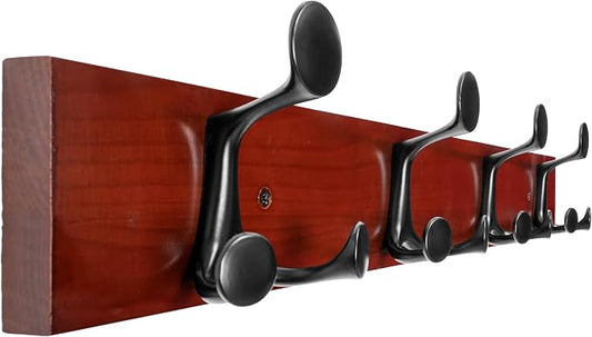 WEBI Coat Rack Wall Mount,24" Solid Wood Coat Hooks Wall Mounted Coat Hanger,16" Hole to Hole,Heavy Duty Hook Rack Rail,4 Triple Hooks for Hanging Coats,Jacket,Clothes,Hat,Backpack,Cherry