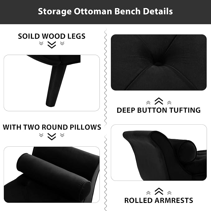 Velvet Storage Bench 65" Tufted End of Bed Ottoman with 2 Pillows (Black)