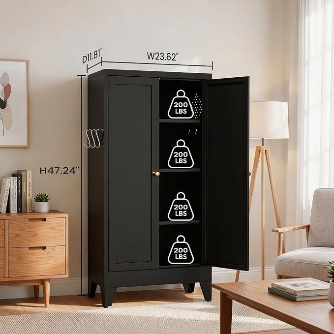 Metal Pantry Cabinet, 47" Kitchen Pantry Cabinet with 2 Doors and 3 Adjustable Shelves, Black Steel Storage Cupboard for Dining, Office, Living Room, Bathroom