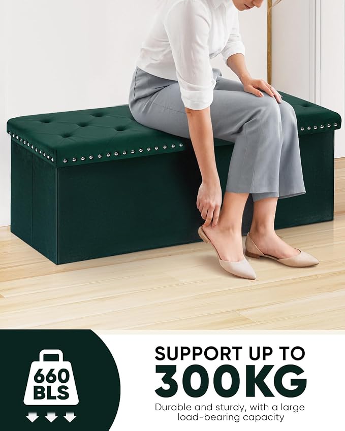 B FSOBEIIALEO Storage Ottoman Bench, Folding Tufted Ottoman with Storage, Extra Large 140L Toy Chest Bench for Bedroom, Luxury Velvet Fabric, 43 Inches Green