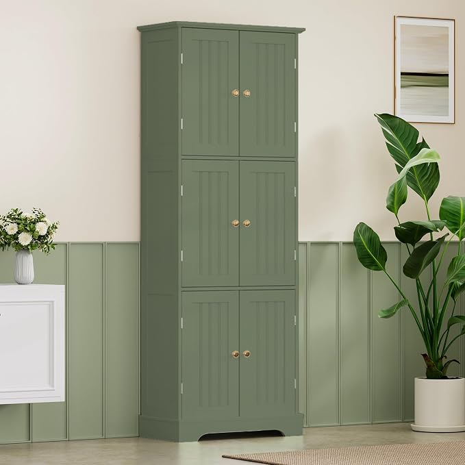 ChooChoo 63.2" Tall Bathroom Storage Cabinet with 6 Doors | Freestanding Floor Cabinet, Adjustable Shelves, Pantry Cabinet for Bathroom, Kitchen, Laundry Room, Green