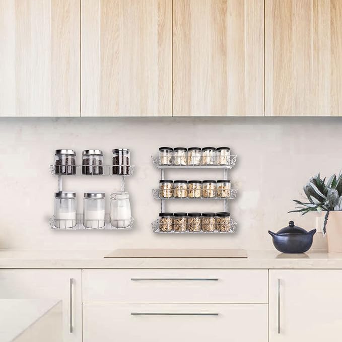 SWOMMOLY Wall Mount Spice Rack Organizer, 9-Tier Adjustable Dual-Use Shelf | Hanging Spice Rack Organizer, Kitchen Pantry Cabinet Storage Holder for Spices, Mason Jars, Bottles & Cans, Silver