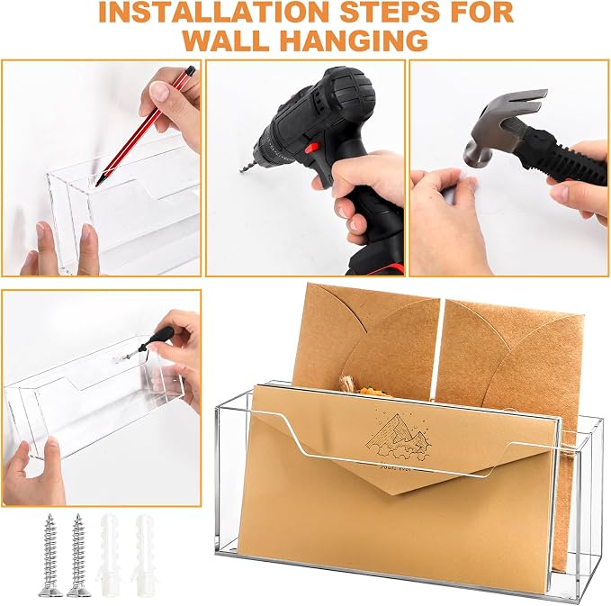 Noamus 2 Pack Acrylic Mail Organizer for #10 Envelopes, 2 Slot Wall-Mounted Letter Holder, Clear Hanging File Rack, Countertop File Sorters Box for Desk Bill Filling, Home Office School Workspace