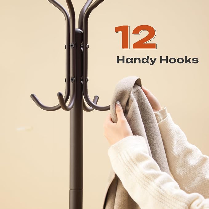 GHWIE Coat Rack Freestanding, Coat Tree with Umbrella Holder, Metal Coat Rack Stand with 12 Hooks, Standing Coat Hanger Stand, Umbrella Stand for Entryway, Hat Rack Stand for Home Office, Brown