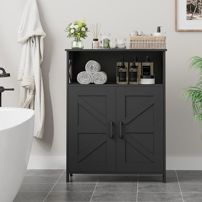 Homhedy Farmhouse Bathroom Storage Cabinet with Doors, Small Floor Cabinet | Toilet Paper Cabinet with Adjustable Shelf, Freestanding Storage Cabinet for Kitchen/Laundry/Living Room, 24"W, Black