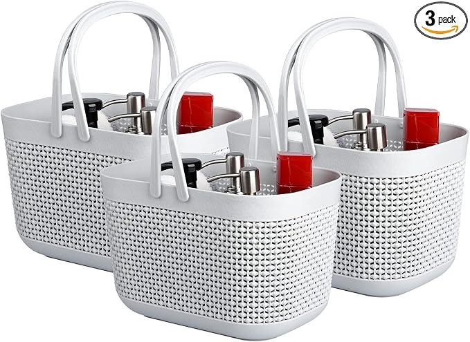UUJOLY Plastic Portable Shower Caddy Basket, Storage Organizer, Grey, 3Pack | Bottom Drain Holes, Keep Dry, Sturdy and Durable, Easy to Carry for Bathroom, Kitchen, Dorm Room, RV, College