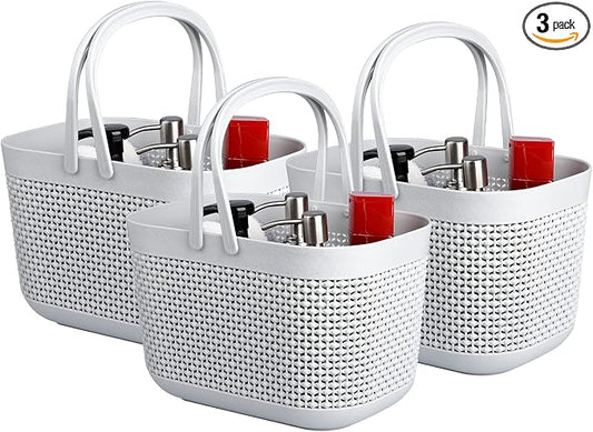 UUJOLY Plastic Portable Shower Caddy Basket, Storage Organizer, Grey, 3Pack | Bottom Drain Holes, Keep Dry, Sturdy and Durable, Easy to Carry for Bathroom, Kitchen, Dorm Room, RV, College