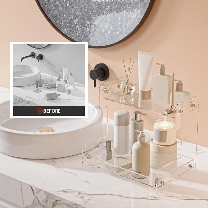 Bathroom Counter Organizer Countertop 2 Tier Storage Acrylic Corner Makeup Organizer for Perfume Stand, Vanity Holder, Dresser Tray, Spice Rack, Skincare, Coffee Bar, Room Decor (Clear)