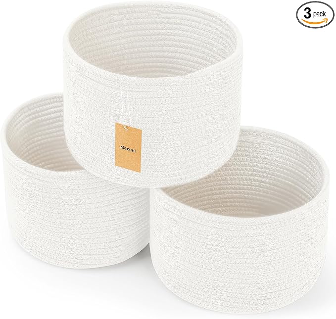 3 Pack Small Rope Storage Baskets, 9.82×9.82×7.1", White | Cotton Basket for Gifts Empty, Cute Round Woven Basket, Decorative Shelf Basket Organizer, Organizing Basket for Shelves