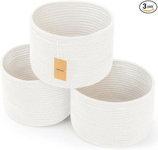 3 Pack Small Rope Storage Baskets, 9.82×9.82×7.1", White | Cotton Basket for Gifts Empty, Cute Round Woven Basket, Decorative Shelf Basket Organizer, Organizing Basket for Shelves