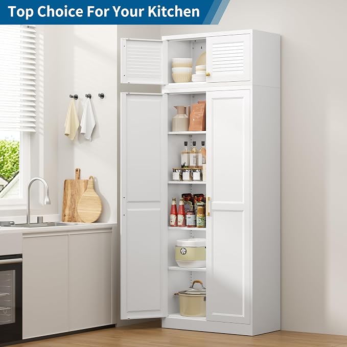 86" Tall Metal Kitchen Pantry Storage Cabinet with Adjustable Shelves | Extra Large Heavy Duty Steel Storage Cabinet for Kitchen, Garage, Living Room, White (2 Packages)