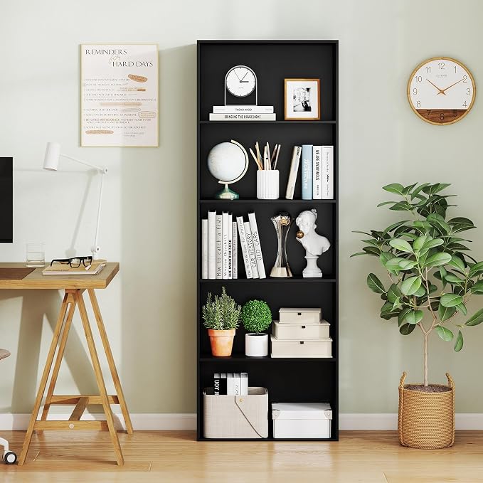 Giantex 5-Tier Bookshelf, Freestanding Bookcase with 5 Open Shelf, Modern Display Shelf, Storage Organizer for Living Room Bedroom Home Office, Black