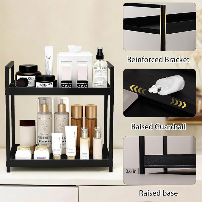 Bathroom Counter Organizer Vanity Storage Countertop Shelf, Large Black | 2 Tier Makeup Organizer Perfume Tray Skincare Holder for Sink, Dresser, Kitchen