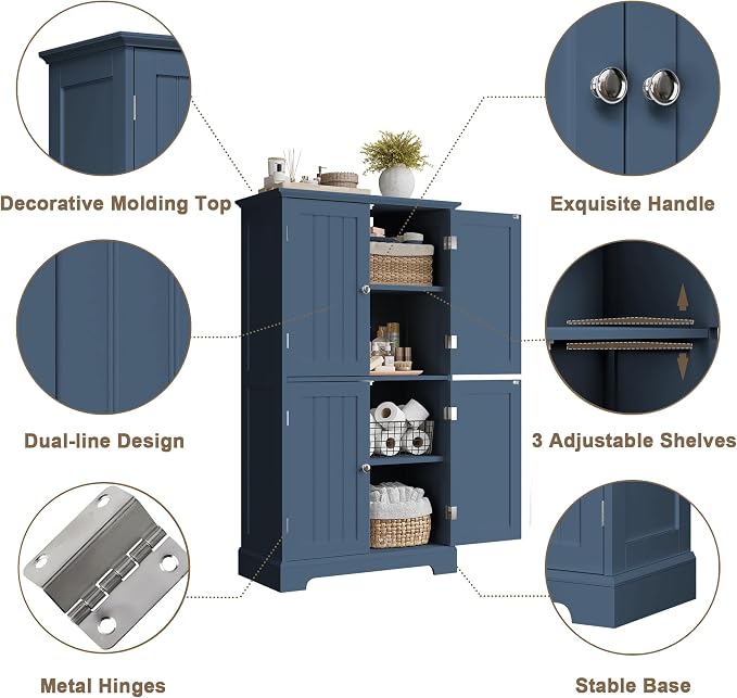 ChooChoo Bathroom Floor Cabinet with Adjustable Shelves | Bathroom Storage Cabinet, 4 Doors, Freestanding Cupboard for Living Room, Blue