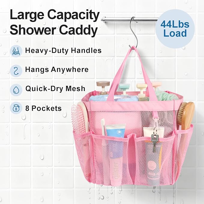 Mesh Shower Caddy Portable - 8 Pockets, S-Hook, Shower Bag for Dorm Camping | 2-Handle, Quick-Dry, Hanging Toiletry Organizer, College Dorm Room Essentials for Girls, Gym, Travel & Bathroom, Pink